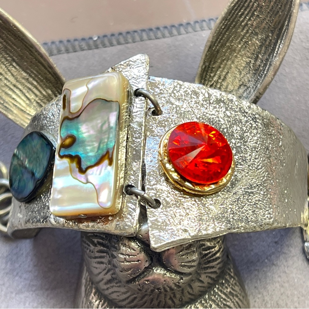VTG Brutalist Signed J. Jansen Mixed Metals Crystal Abalone Bracelet
